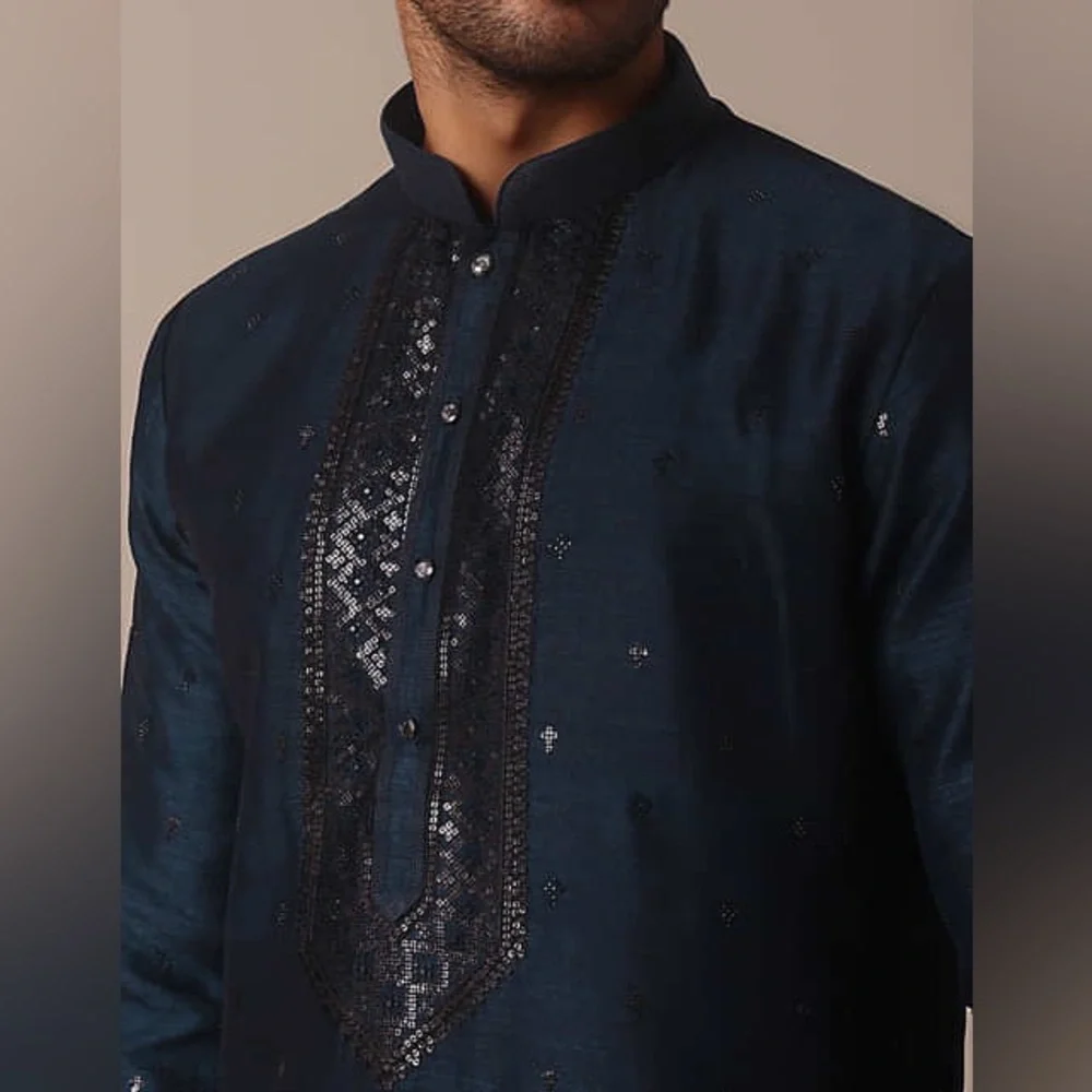 Men's Blue Kurta - Picture 3 of 16
